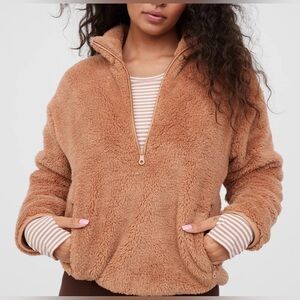 aerie Offline tan brown sherpa pullover XS cozy teddy fleece 1/4 zip jacket